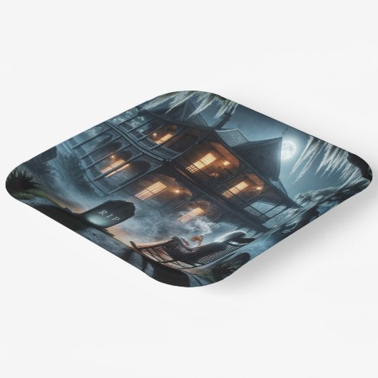 Halloween spookhuis met grafsteen papieren bordje (Gebogen)