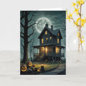 Halloween spookhuis met Jack-o-lantaarns Kaart (Gele Bloem)
