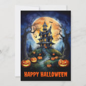 Halloween spookhuis met pompoenen feestdagenkaart (Voorkant)