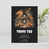 Halloween spookhuis met pompoenen & gebladerte bedankkaart (Staand voorkant)