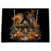 Halloween spookhuis met pompoenen & gebladerte groot cadeauzakje (Voorkant)