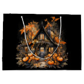 Halloween spookhuis met pompoenen & gebladerte groot cadeauzakje (Achterkant)