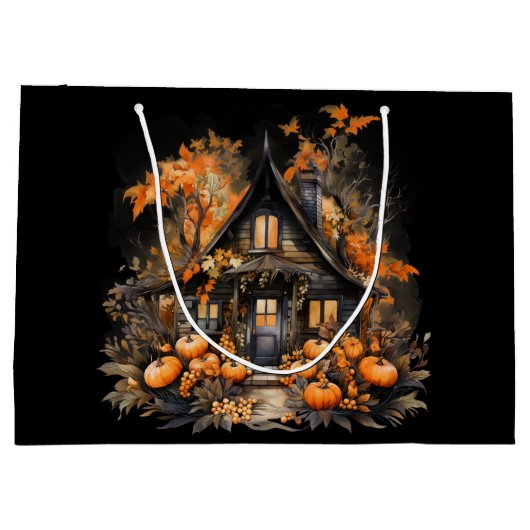 Halloween spookhuis met pompoenen & gebladerte groot cadeauzakje (Achterkant)