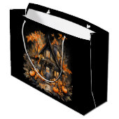 Halloween spookhuis met pompoenen & gebladerte groot cadeauzakje (Achterkant Gekanteld)