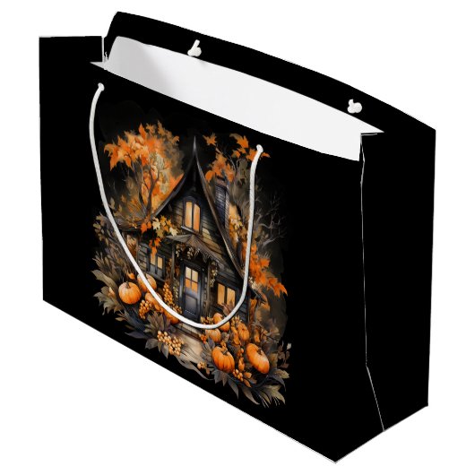 Halloween spookhuis met pompoenen & gebladerte groot cadeauzakje (Achterkant Gekanteld)