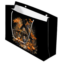Halloween spookhuis met pompoenen & gebladerte groot cadeauzakje