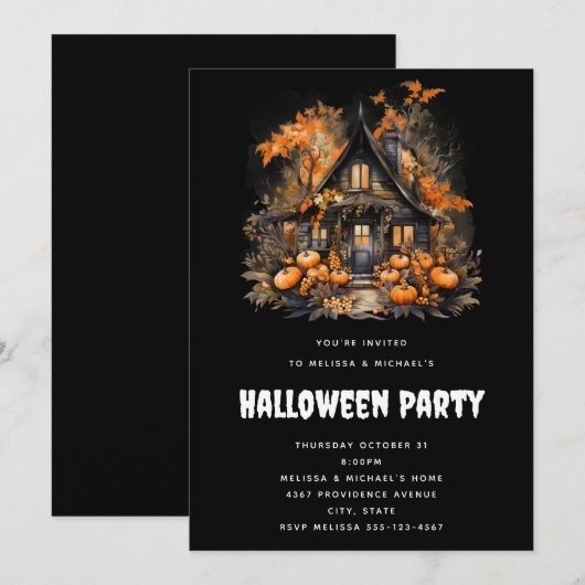 Halloween spookhuis met pompoenen & gebladerte kaart (Voorkant / Achterkant)