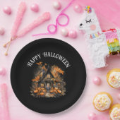 Halloween spookhuis met pompoenen & gebladerte papieren bordje (Feest)