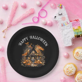 Halloween spookhuis met pompoenen & gebladerte papieren bordje