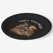 Halloween spookhuis met pompoenen & gebladerte papieren bordje (Gekanteld)