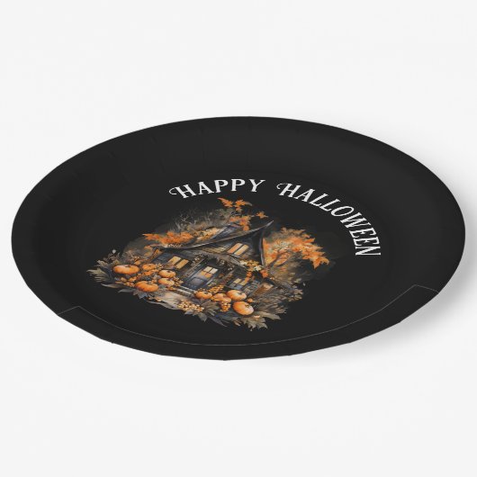 Halloween spookhuis met pompoenen & gebladerte papieren bordje (Gekanteld)