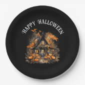 Halloween spookhuis met pompoenen & gebladerte papieren bordje (Voorkant)