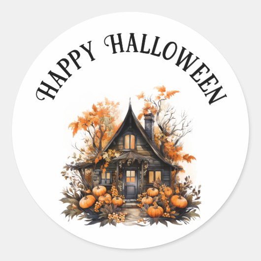 Halloween spookhuis met pompoenen & gebladerte ronde sticker (Voorkant)
