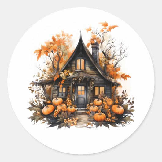 Halloween spookhuis met pompoenen & gebladerte ronde sticker (Voorkant)