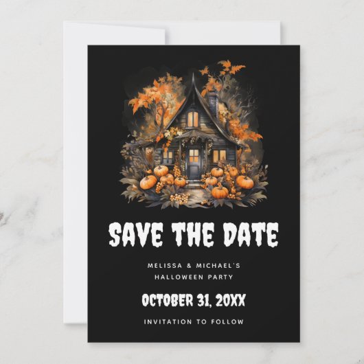 Halloween spookhuis met pompoenen & gebladerte save the date (Voorkant)