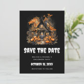 Halloween spookhuis met pompoenen & gebladerte save the date (Staand voorkant)