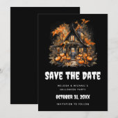 Halloween spookhuis met pompoenen & gebladerte save the date (Voorkant / Achterkant)