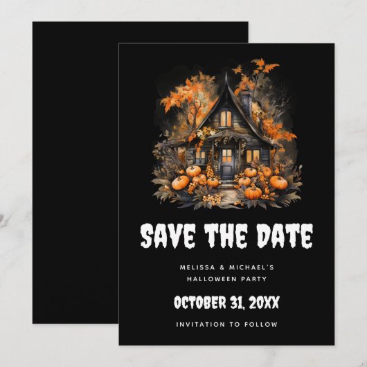 Halloween spookhuis met pompoenen & gebladerte save the date (Voorkant / Achterkant)