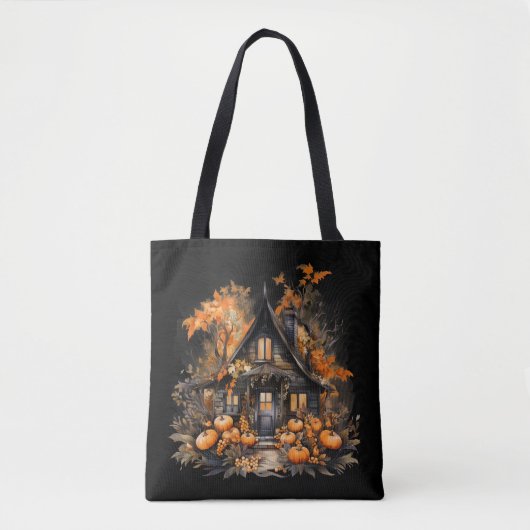 Halloween spookhuis met pompoenen & gebladerte tote bag (Voorkant)