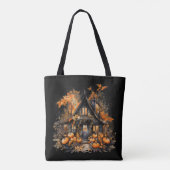 Halloween spookhuis met pompoenen & gebladerte tote bag (Achterkant)