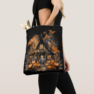 Halloween spookhuis met pompoenen & gebladerte tote bag