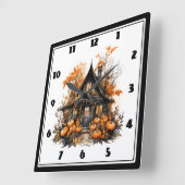 Halloween spookhuis met pompoenen & gebladerte vierkante klok (Hoek)