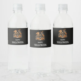 Halloween spookhuis met pompoenen & gebladerte waterfles etiket