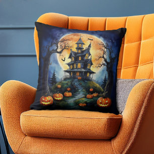 Halloween spookhuis met pompoenen kussen