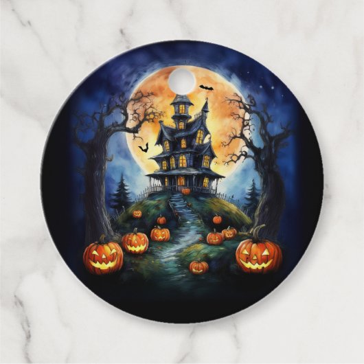 Halloween spookhuis met pompoenenfeest bedankjes labels (Voorkant)