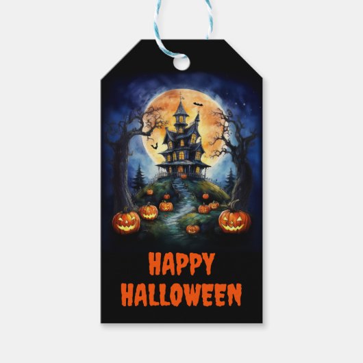 Halloween spookhuis met pompoenenfeest cadeaulabel (Voorkant)