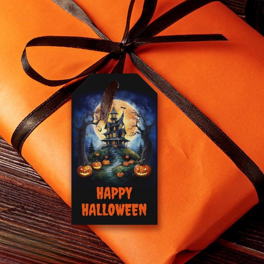 Halloween spookhuis met pompoenenfeest cadeaulabel
