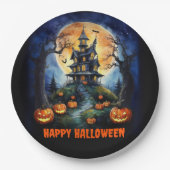 Halloween spookhuis met pompoenenfeest papieren bordje (Voorkant)