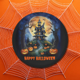 Halloween spookhuis met pompoenenfeest papieren bordje