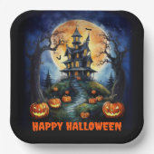 Halloween spookhuis met pompoenenfeest papieren bordje (Voorkant)