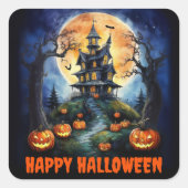 Halloween spookhuis met pompoenenfeest vierkante sticker (Voorkant)