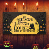 Halloween spookhuis op eigen risico betreden spandoek