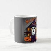 Halloween spookhuis, pompoenen, heks, vleermuizen koffiemok (Voorkant links)