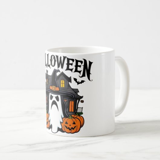 Halloween spookhuis, pompoenen, heks, vleermuizen koffiemok (Voorkant rechts)