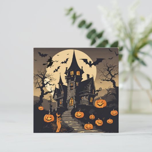  Halloween spookhuis, pompoenen, vleermuizen Feestdagenkaart (Staand voorkant)