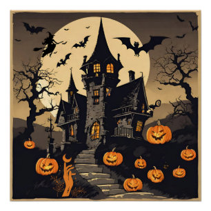 Halloween spookhuis, pompoenen, vleermuizen Perfect Poster