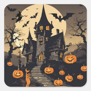  Halloween spookhuis, pompoenen, vleermuizen Vierkante Sticker