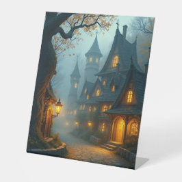 Halloween spookhuis reclamebord met voetstuk