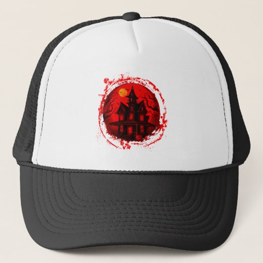 HALLOWEEN SPOOKHUIS ROOD ZWART SILHOUET TRUCKER PET (Voorkant)