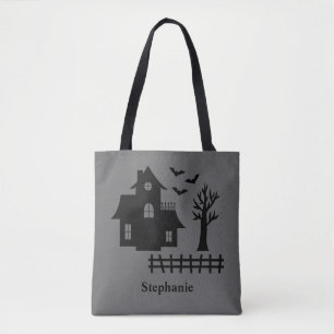 Halloween spookhuis silhouet en aangepaste naam tote bag