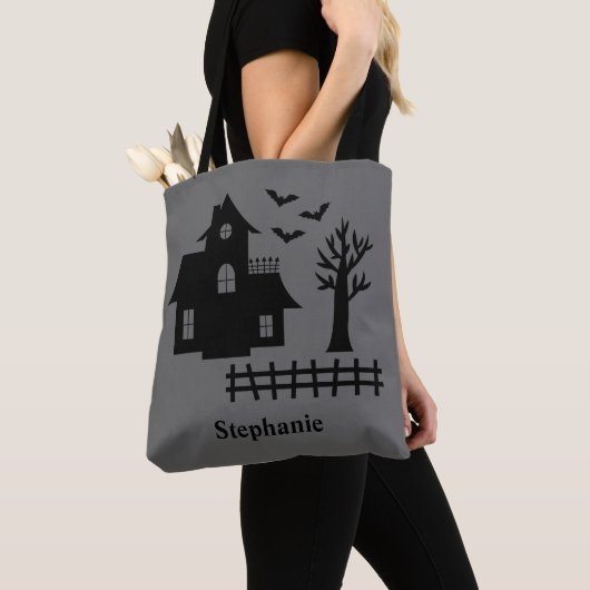 Halloween spookhuis silhouet en aangepaste naam tote bag (Dichtbij)