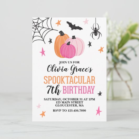 Halloween Spooktacular Girl Birthday Pink Pumpkins Kaart (Staand voorkant)