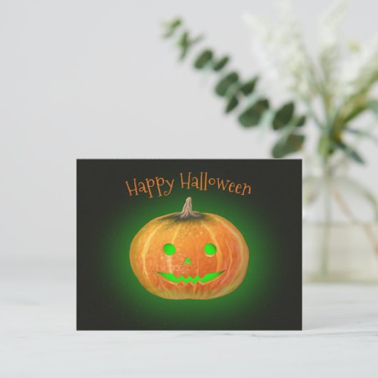 Halloween Spooktacular Pumpkin Smile Groen Licht Briefkaart (Staand voorkant)