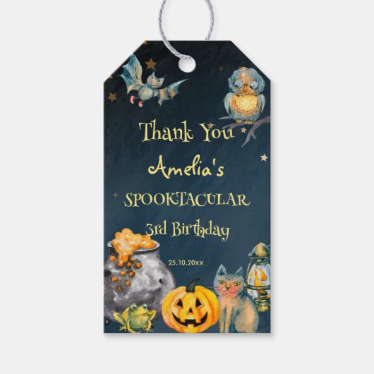 Halloween spooktacular verjaardagsgunst cadeaulabel (Voorkant)
