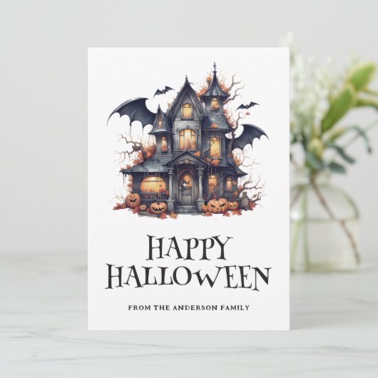Halloween Spooky Bat Haunted House Pumpkins Kaart (Staand voorkant)