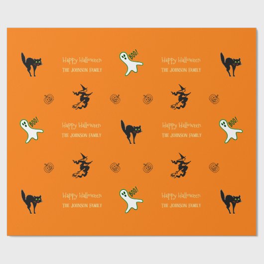 Halloween Spooky Cat Ghost Witch Fun Custom Text Cadeaupapier (Vlak)